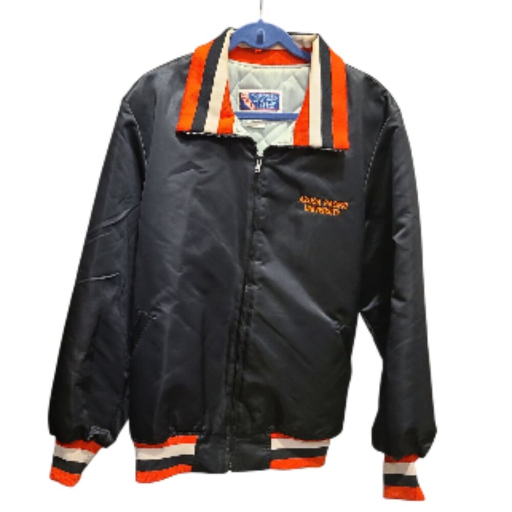 Black satin Azusa Pacific University varsity jacket